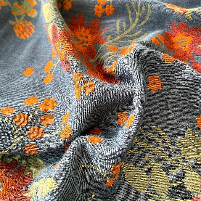 VM VOUGEMARKET Rustic Double Layer Gauze Jacquard Duvet Cover Queen, Dusty Slate Blue with Retro Orange Floral Print, Soft Breathable Boho Comforter Cover with Zipper&Ties