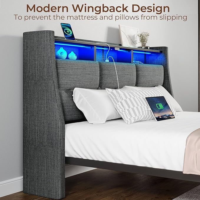 Rolanstar Twin Size Bed Frame with LED Lights and Charging Station, Upholstered Headboard with 2-Tier Storage Shelves, Heavy Duty Metal Frame, Noise-Free Support, Easy Assembly, No Box Spring Needed