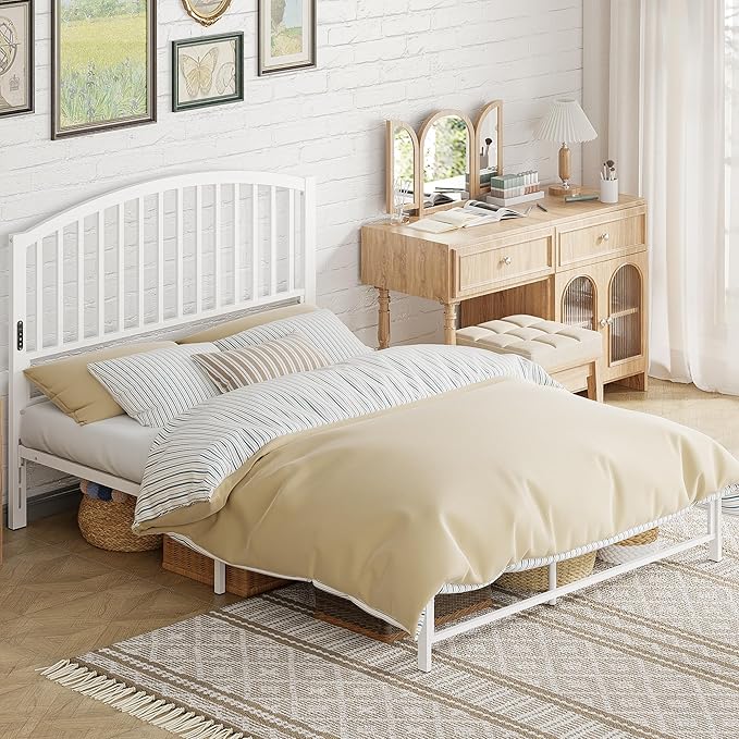 Weehom Queen Headboard with Led Lights, Farmhouse Vintage Style Metal Headboard Queen Size, Modern Freestanding White Headboard Only for Bedroom