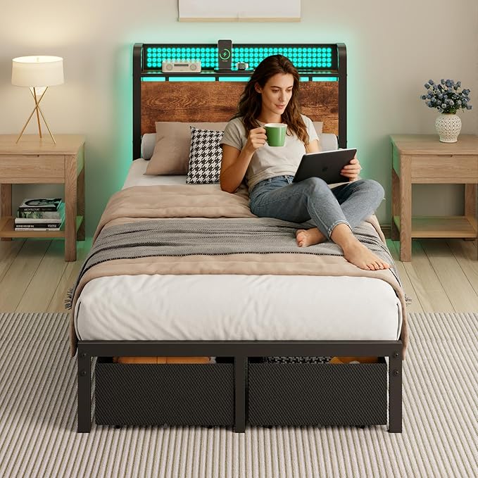 Furnulem Twin Bed Frame with 2 Storage Drawers & Charging Station, Twin Platform Bed Frame with Headboard & LED Lights, No Box Spring Needed, All in One, Easy to Install, Noise Free (500 lbs Capacity)
