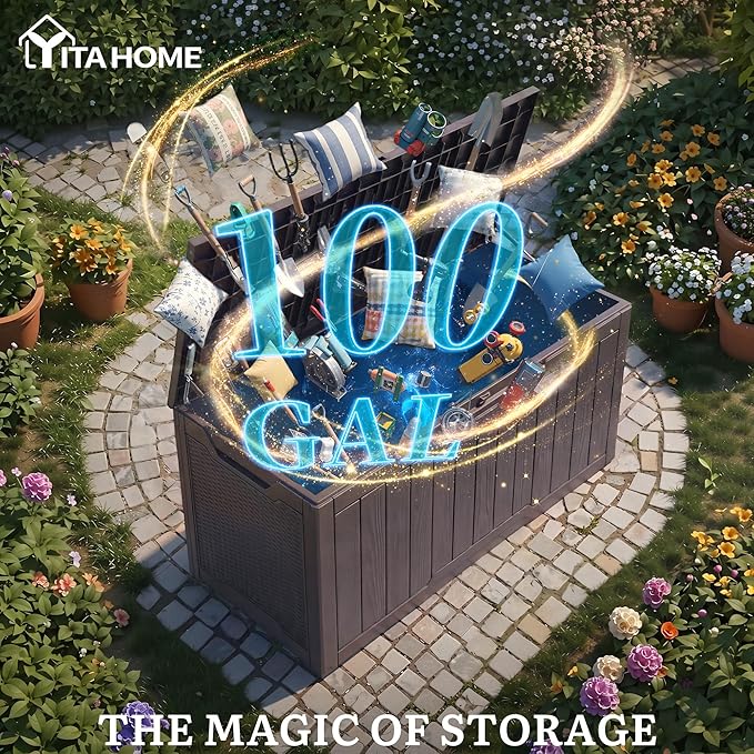 YITAHOME 100 Gallon Large Outdoor Deck Box, Waterproof Resin Storage Box, Lockable Indoor Outdoor Storage Container for Patio Furniture Cushions, Pool Accessories, Garden Tools, Dark Brown