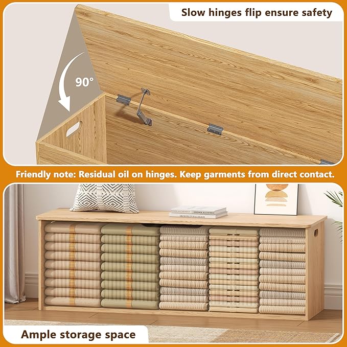 Akxomel Extra Large Fluted Storage Chest, 51.2" Storage Bench with 2 Safety Hinges, Shoe Bench, Wooden Box Bench, Long Storage Trunk with Lift Top, for Bedroom, Living Room, Entryway, Natural Oak