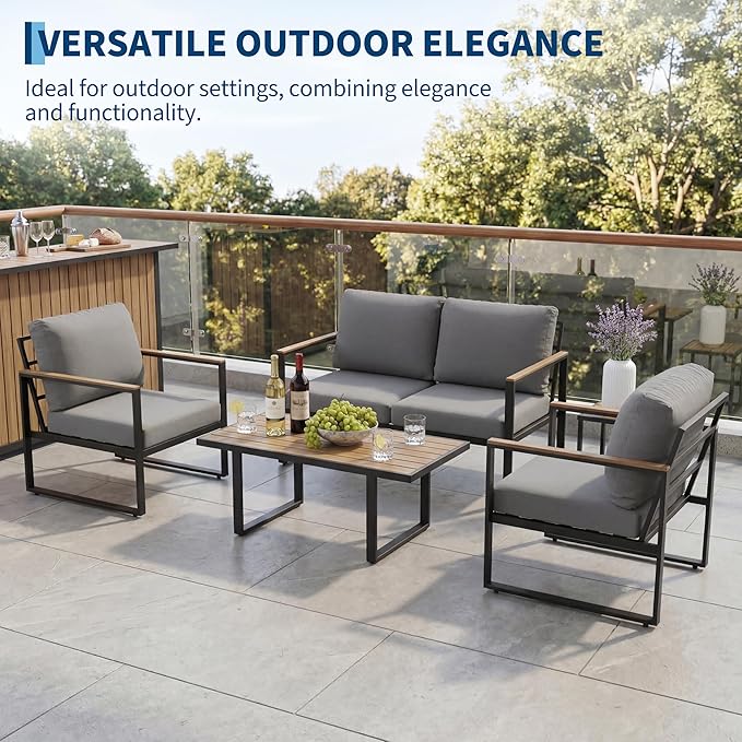 GarveeHome 4-Piece Aluminum Patio Furniture Set with Coffee Table, Outdoor Sectional Conversation Set with Washable High-Resiliency Sponge Cushions, Modern Metal Sofa for Poolside, Deck (Gray)