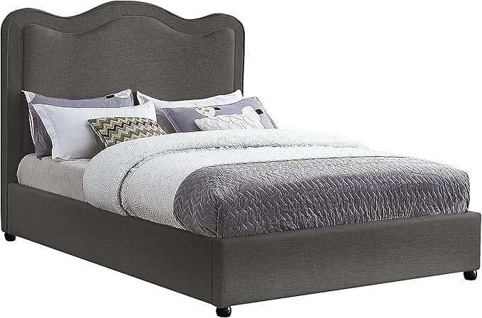 Meridian Furniture FelixGrey-F Felix Collection Modern | Contemporary Linen Textured Fabric Upholstered Bed with Curved Headboard and Espresso Wood Legs, 59.5" W x 81" D x 55.5" H, Grey, Full