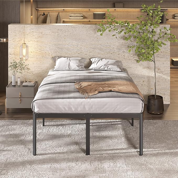 Lutown-Teen 22 Inch High Full Size Bed Frame with Rounded Corner Legs, Sturdy Mattress Foundation, Heavy Duty Metal Platform Bed Frame Full No Box Spring Needed, Noise Free, Easy Assembly, Black