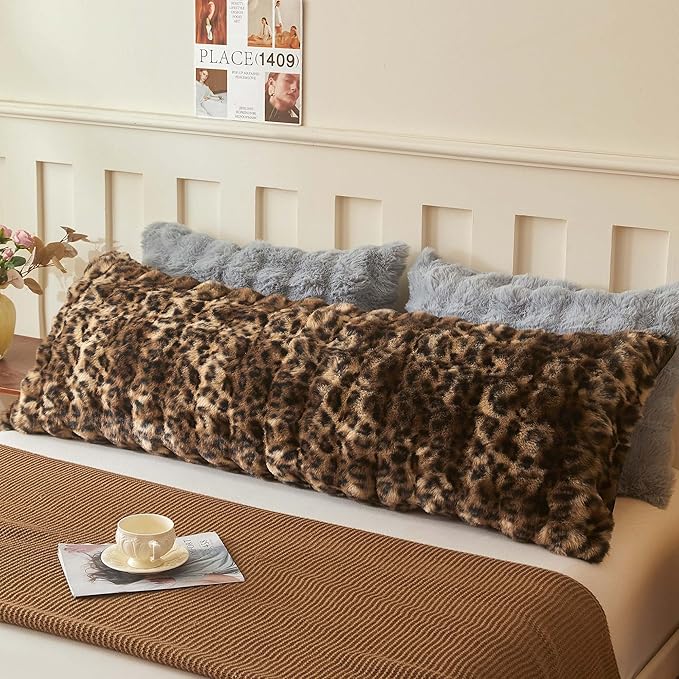 LIFEREVO Leopard Print Faux Rabbit Fur Body Pillow Cover, Cheetah Print Bubble 20 x 54 Bed Pillowcase with Zipper, Fuzzy Furry Farmhouse Long Pillow Case Pregnant Women Side Sleeper, Brown and Black