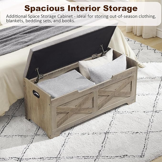 IDEALHOUSE Storage Bench, 39.4" Retro Wooden Storage Chest with 2 Safety Hinges, Loads 300 lb, Easy Assembly, Storage Ottoman Bench for Bedroom Entryway Living Room, Grey