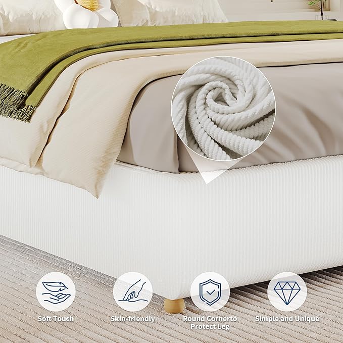 GarveeHome Full Size Cloud Bed Frame，Corduroy Low Bed Frame Without Headboard, Thick Fabric Upholstered Platform Bed, Solid Wood Legs, No Box Spring Needed, Never Squeak, Easy Assembly, White
