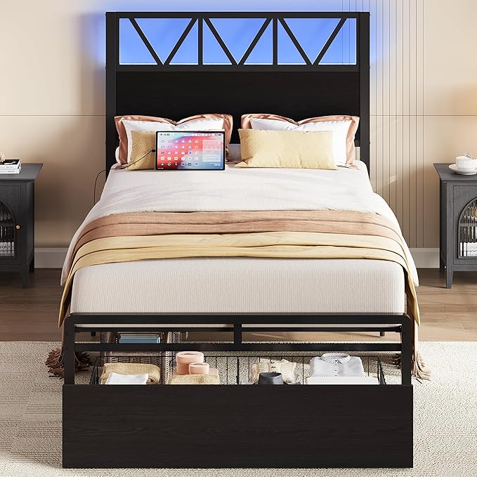 LIKIMIO Twin XL Bed Frames with Storage Drawer, Charging Station and LED Lights, Twin XL Bed Frame with Headboard, No Box Spring Needed, Easy Assembly for Teen Room, Small Apartment, Bedroom, Black