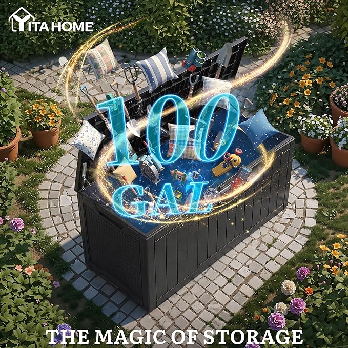 YITAHOME 100 Gallon Large Outdoor Storage Box, Water Resistant Resin Deck Box, Indoor Outdoor Lockable Rattan Storage Container for Patio, Garden, Cushions, Tools, Equipment (Black)