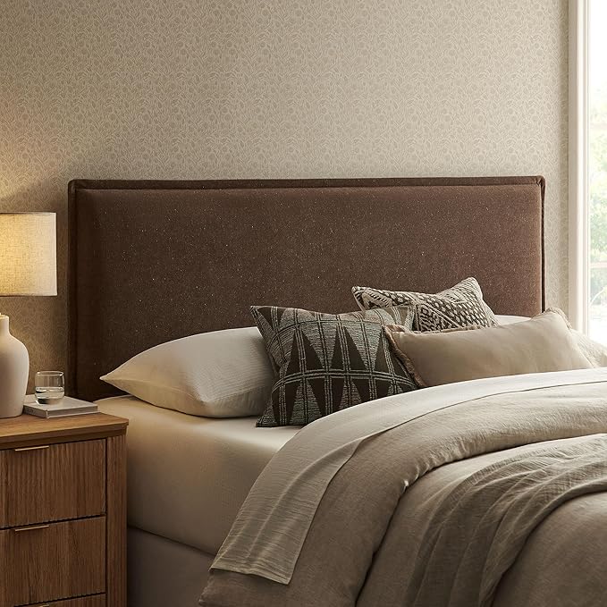 Modway Camille Queen Size Upholstered Linen Blend Headboard with Removable Slipcover – in Cocoa - Padded Pillow Style Headboard with Adjustable Mounting for Queen Beds