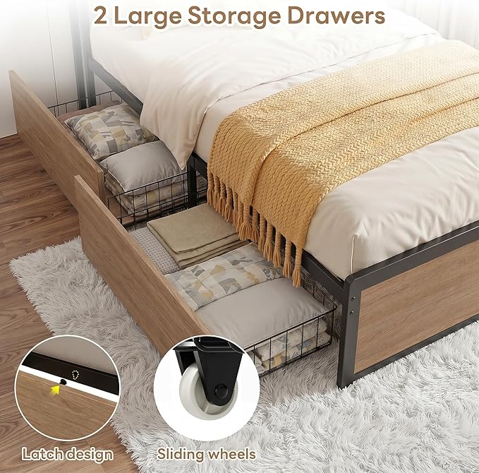 LIKIMIO Twin Bed Frames, DIY Storage Drawer Layout, Charging Station & LED Lights, Boucle Upholstered Platform Twin Bed Frame for Teen Rooms, Small Apartments & Bedrooms, Wood and Cream