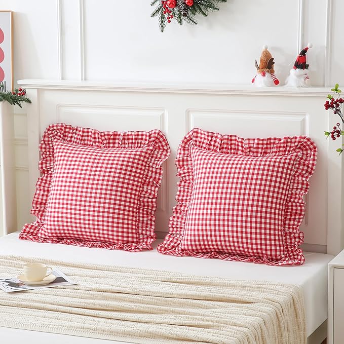2 Pack 26x26 inches Red/White Gingham Pillow Cover 100% Washed Cotton Ruffled Pillowcase Farmhouse Checkered Pillow Covers for Bed Livingroom