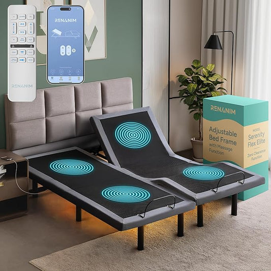 SFE Split King Adjustable Bed Frame - Zero Clearance Smart Frame, Electric Massage, Wireless Remote for Head & Foot Lift, 3 Height-Adjustable Legs - Zero Gravity, Underbed Lights, 4 USB Ports
