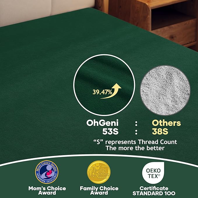 OhGeni 100% Waterproof Mattress Protector, Queen Size Green, Fitted Sheet with Deep Pockets, 6''-18'', Premium Noiseless Breathable Soft Material, Mattresses Cover for Bed