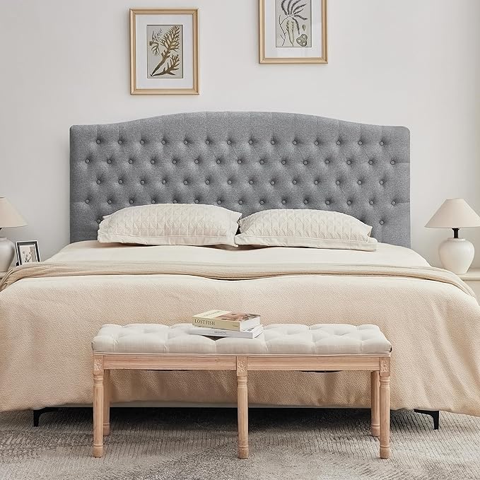Tufted Upholstered Tall Headboard King Size, Sturdy and Durable Solid Wood Bed headboards, Comfortable Linen Fabric King Headboard Only, Modern Luxury Button Diamond Design Head Board, Grey