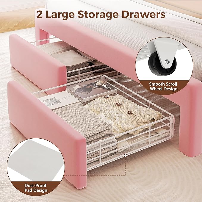 Full LED Bed Frame with Storage Headboard & 2 Storage Drawers, Princess Velvet Upholstered Bed with Vertical Tufted Headboard Design for Girls, USB & Type-C Charging Ports, Wooden Slats Support, Pink