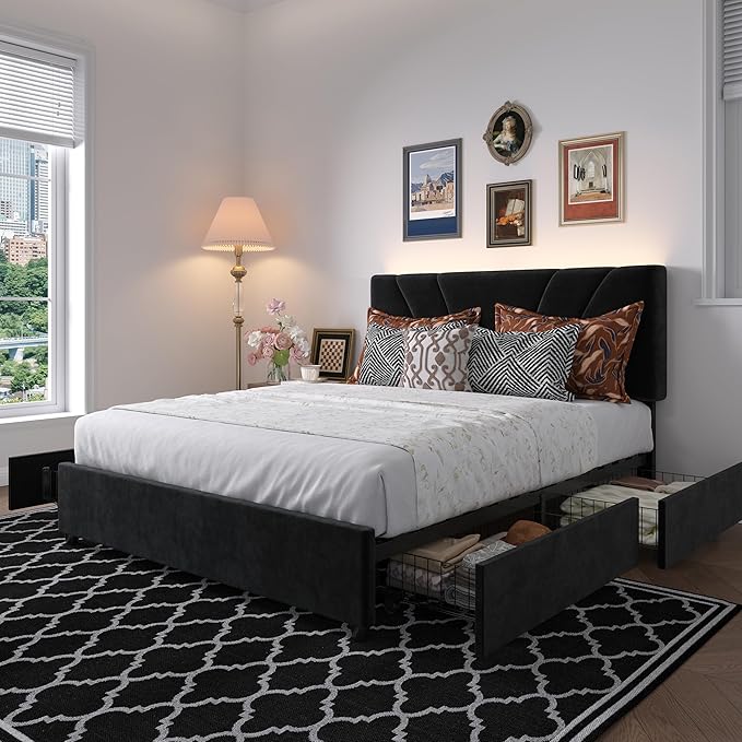 Novilla King Bed Frame and Headboard, King Size Bed Frame with Storage Drawers, King Bed Frame with LED Lights, Charging Station and Adjustable Headboard, No Box Spring Needed, Black Velvet