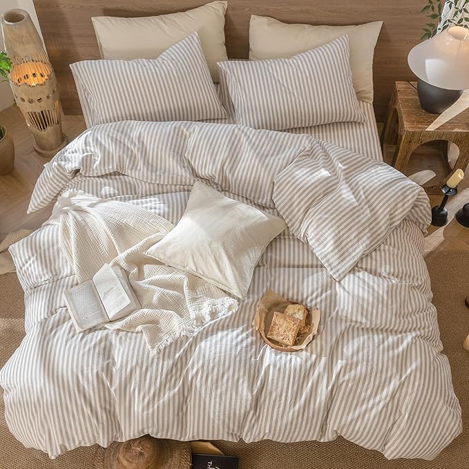 MooMee Striped Duvet Cover Set 100% Washed Cotton Linen Like Textured Breathable Durable Soft Comfy (Tannish Linen Grey White Classic Stripes, Oversized Queen 98"x98")