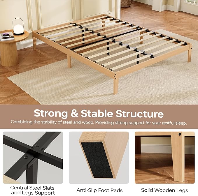 Tyndall Queen Size Bed Frame with LED Lights, 12 Inch Solid Wood Platform Bed Frame with Under Bed Storage, Wooden Slats Support, Natural Finish, No Box Spring Needed, Noise Free, Easy Assembly