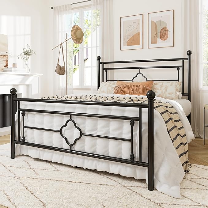 Allewie Full Size Metal Platform Bed Frame with Victorian Vintage Headboard and Footboard/Mattress Foundation/Under Bed Storage/No Box Spring Needed/Noise-Free/Easy Assembly, Black