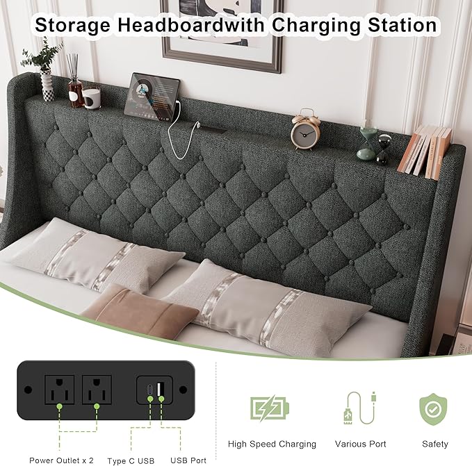Feonase King Size Bed Frame with 4 Storage Drawers, Upholstered Storage Bed with Charging Station, Tufted Wingback Headboard, No Box Spring Needed, Dark Grey