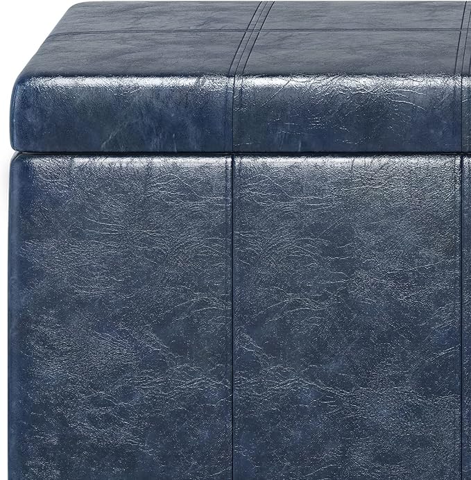 SIMPLIHOME Dover Storage Ottoman Bench - 36 inch Wide Upholstered Vegan Leather Rectangular Lift-Top Ottoman in Denim Blue, Contemporary Bench for Living Room with Safety Hinges
