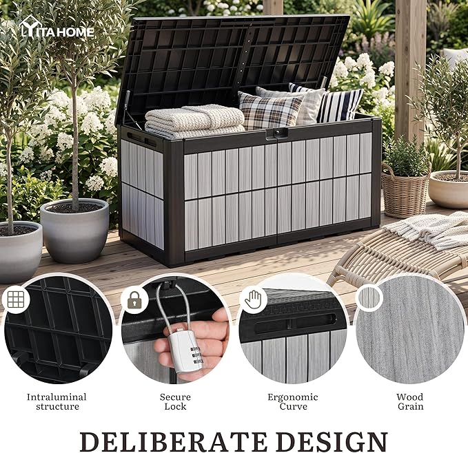 YITAHOME 134 Gallon Large Deck Box, Waterproof Resin Outdoor Storage Box with Lock, Doubles as Bench Seating for Patio Furniture Cushions,Garden Tools & Pool Accessories, Black & Wood-Grain Gray