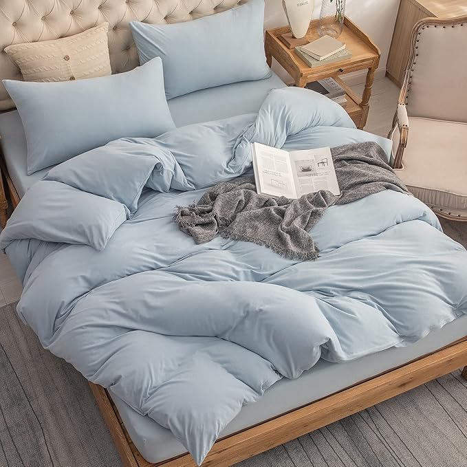 PURE ERA Jersey Knit Duvet Cover Set 100% T-Shirt Cotton Super Soft Comfy 3pc Bedding Set with Zipper Closure (Solid Light Blue, Queen)