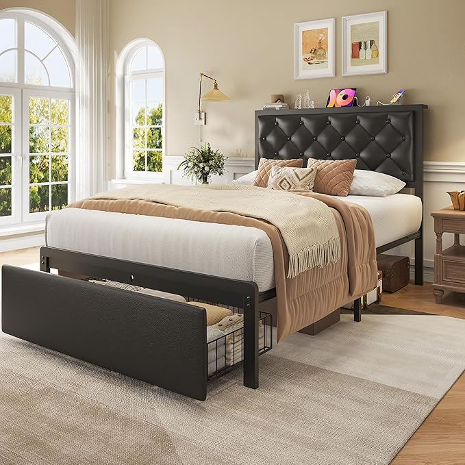 Fluest Twin Bed Frame with Storage Drawer, Upholstered Headboard Button Tufted Bed Frame with Charging Station, No Box Spring Needed, Noise-Free, All Metal Structure, Black