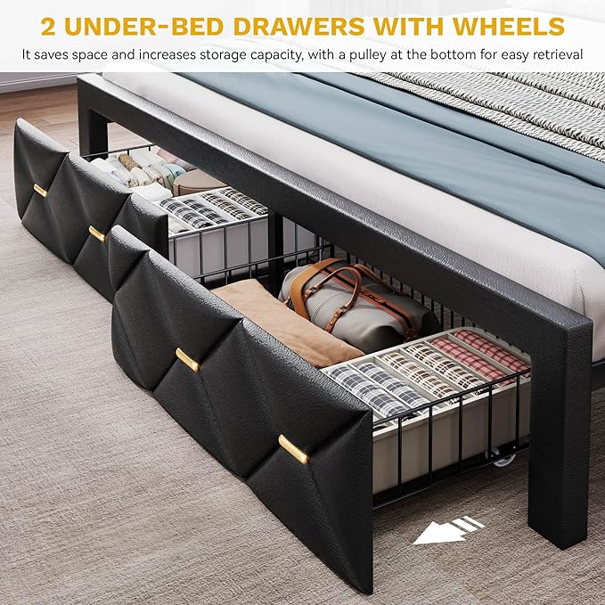 YITAHOME King Size Bed Frame with 2 Storage Drawers and Storage Headboard, Upholstered Platform with Charging Station and LED Light, No Box Spring Needed, Noise Free, Easy Assembly, PU Leather Black