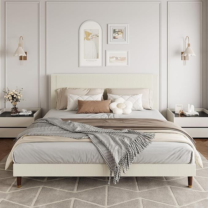 GarveeHome King Size Bed Frame with Upholstered Headboard and Strong Wooden Slats Support, Soft Corduroy Fabric Platform Bed, No Boxing Spring Needed, Easy Assembly, Beige