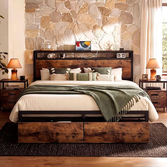 LIKIMIO Queen Bed Frame with Storage Headboard, Platform Bed with Drawers and Charging Station, No Box Spring Needed, Easy Assembly, Vintage Brown