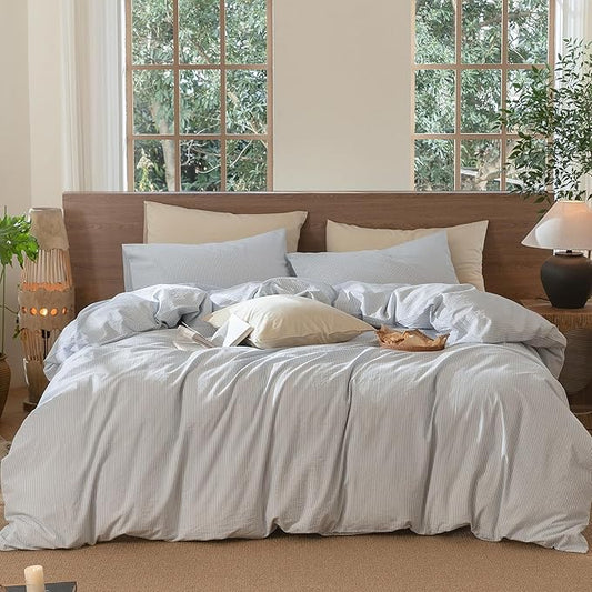 MooMee Striped Duvet Cover Set 100% Washed Cotton Linen Like Textured Breathable Durable Soft Comfy (Cornflower Blue White Pinstripes, Oversized Queen 98"x98")