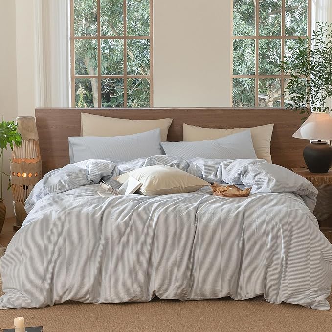 MooMee Striped Duvet Cover Set 100% Washed Cotton Linen Like Textured Breathable Durable Soft Comfy (Cornflower Blue White Pinstripes, Super King 108"x98")