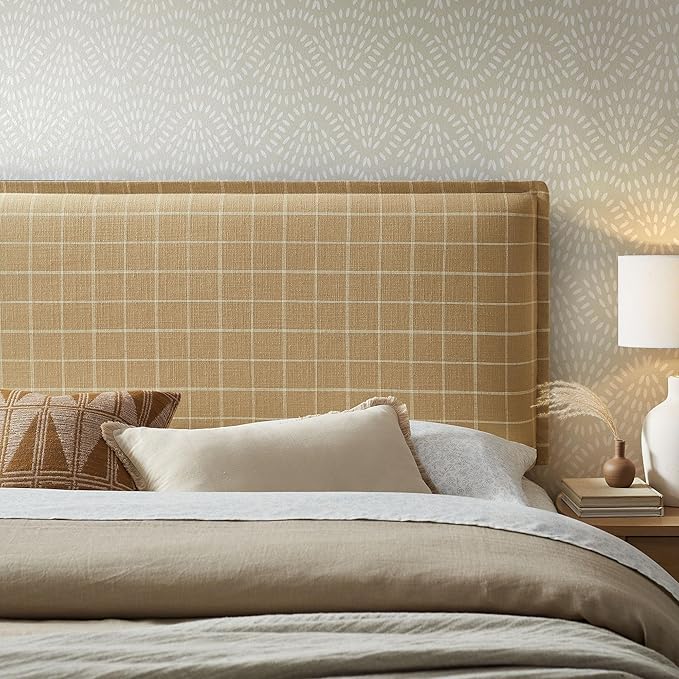 Modway Camille King Size Checkered Linen Blend Plaid Headboard with Removable Slipcover – in Hemp Windowpane Check - Padded Pillow Style Headboard with Adjustable Mounting for King Beds