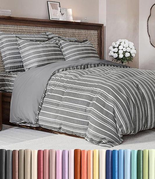 Duvet Cover Full Size Set - Extra Soft Full Duvet Cover 80" x 90" with 2 Pillow Shams - Hotel Luxury, Easy Care & Fade Free with Zipper Closures & Ties - All Season, Comfy & Breathable (Grey Stripes)