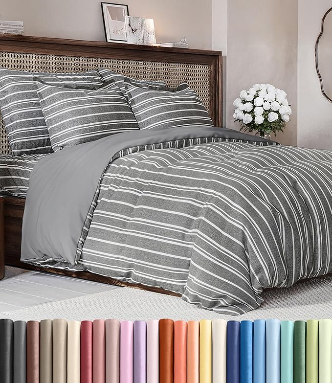 Duvet Cover Queen Size Set - Extra Soft Queen Duvet Cover 90" x 90" with 2 Pillow Shams - Hotel Luxury, Easy Care & Fade Free with Zipper Closures & Ties - Comfy, Cozy and Breathable (Grey Stripes)