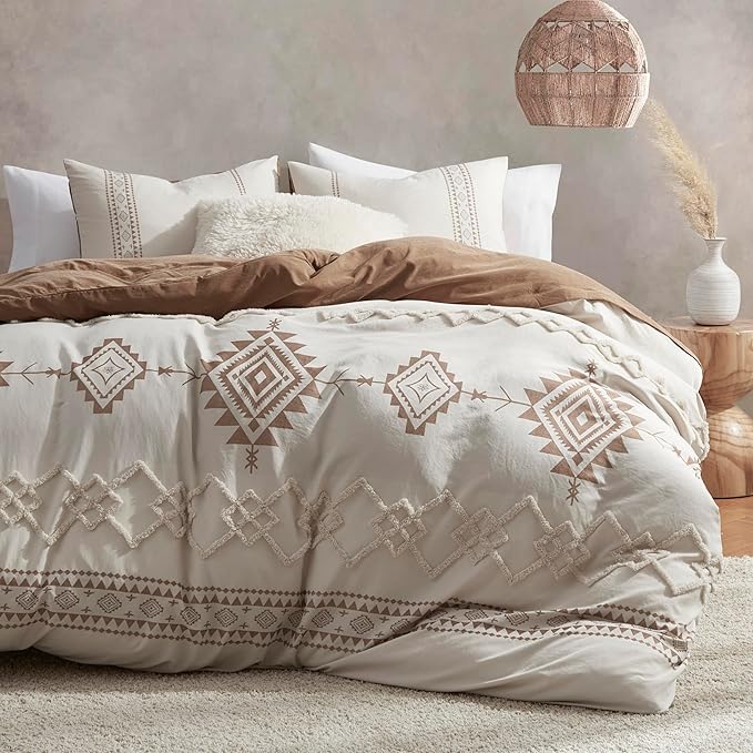 Oli Anderson Boho Duvet Cover Set King Size, Beige and Terracotta Color Clash 3 Pieces Microfiber Bedding Set, Durable and Super Soft Duvet Covers with Zipper and Ties, 104"*90"