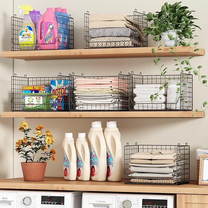 Jakyitvi 4-Tier Extra Height Stackable Closet Organizer – Foldable Storage Bins for Sweaters, Jeans, and Clothes – Sturdy Iron Mesh Shelves for Neat and Efficient Closet Storage – Black