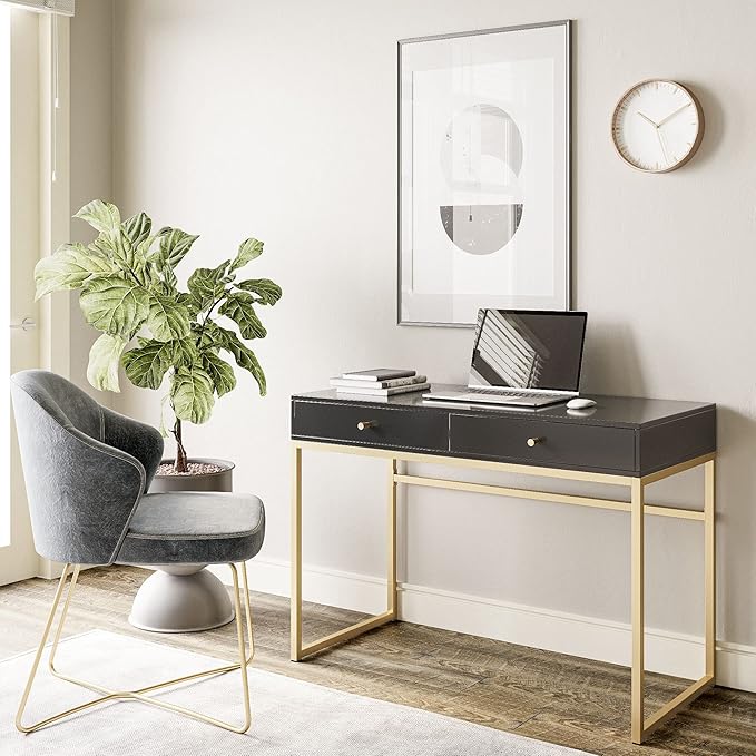 BELLEZE Modern 42 Inch Makeup Vanity Dressing Table or Home Office Computer Laptop Writing Desk with Two Storage Drawers, Wood Top, and Gold Metal Frame - Bronte (Black)