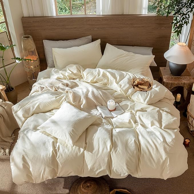 MooMee Wavy Striped Duvet Cover Set 100% Washed Cotton Linen Like Textured Breathable Durable Soft Comfy (Cream White, Super King 108"x98")