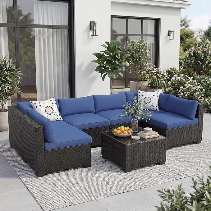 7-Piece Outdoor Patio Furniture Set, Modular Sectional Sofa with Water-Resistant Washable Thick Cushions & Coffee Table, Rattan & Wicker Conversation Set, Brown Frame (Black Wicker & Blue Cushions)