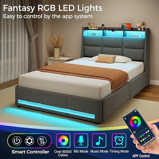 Rolanstar Twin Size Bed Frame with RGB LED Lights & Charging Station, Upholstered Storage Headboard with 4 Drawers, Heavy Duty Metal Frame, No Box Spring Needed, Easy Assembly, Light Grey