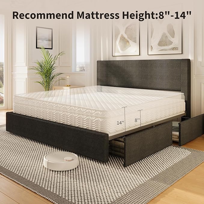 IDEALHOUSE King Size Bed Frame with Tufted Wingback Headboard, Platform Corduroy Upholstered Bed Frame with 4 Storage Drawers and Wooden Slats Support, No Box Spring Needed, Black