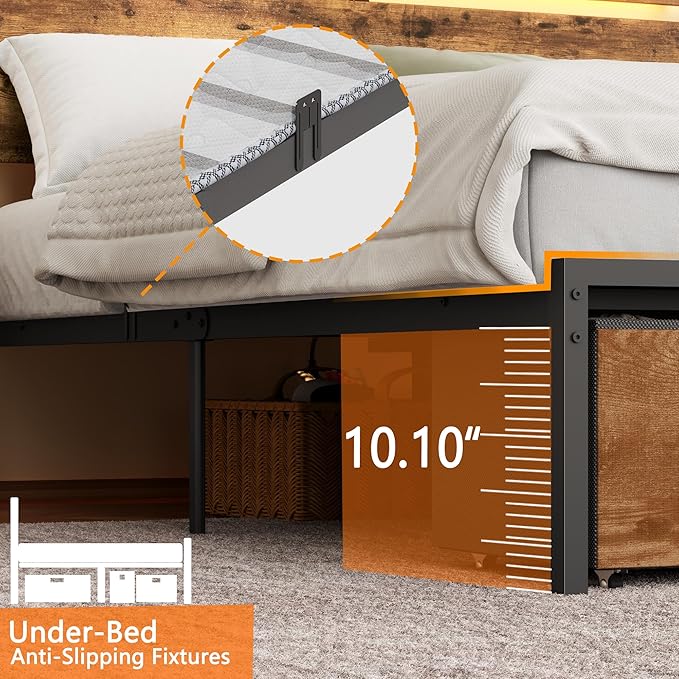 Forestell Queen Bed Frame with Wood Headboard, Metal Platform Bed with 2 Storage Drawers & Shelf, Built-in Charging Station & LED Lights, No Box Spring Needed, Vintage Brown, Cama Queen Size
