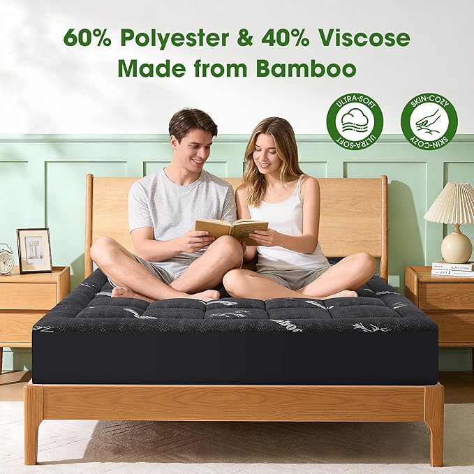 Mattress Pad Full Size, Cooling Pillow Top Mattress Topper, Ultra Soft Viscose from Bamboo, Breathable for Hot Sleepers, Deep Pocket 8"-20", Black