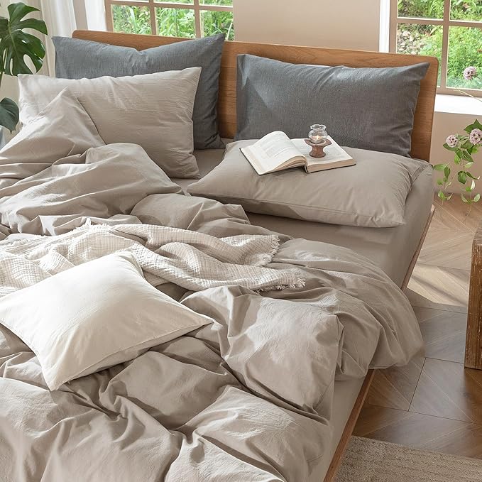 MooMee Bedding Duvet Cover Set 100% Washed Cotton Linen Like Textured Breathable Durable Soft Comfy (Solid Light Tan, Super King 108"x98")
