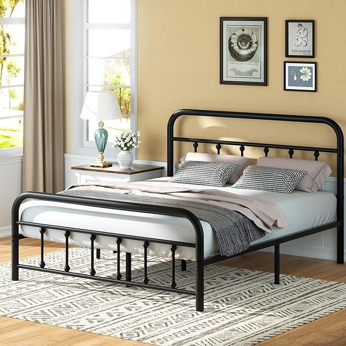 Shintenchi Queen Size Metal Platform Bed Frame with Headboard & Footboard, Steel Slat Mattress Foundation, Under Bed Storage, Noise-Free, No Box Spring Needed, Black Round