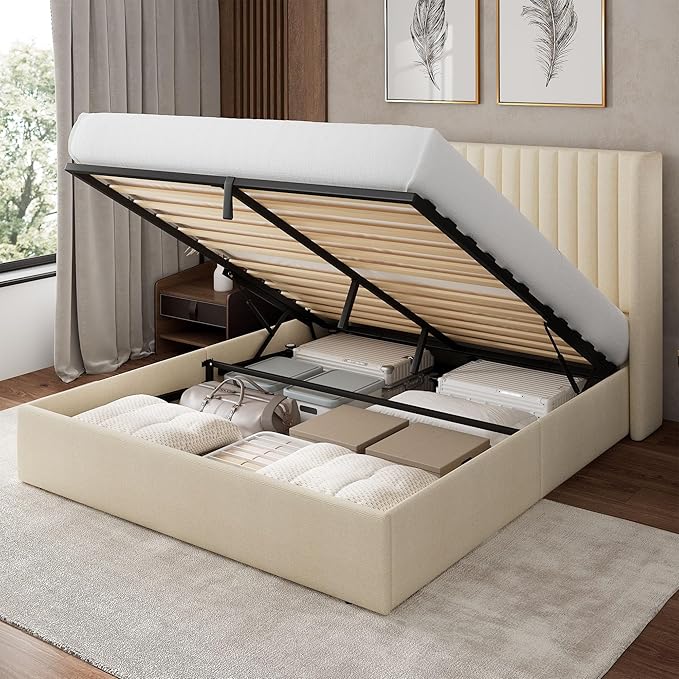 Feonase Full Size Lift Up Storage Bed Frame, Linen Upholstered Platform Bed with Wingback Headboard, Hydraulic Storage, No Box Spring Needed, Beige